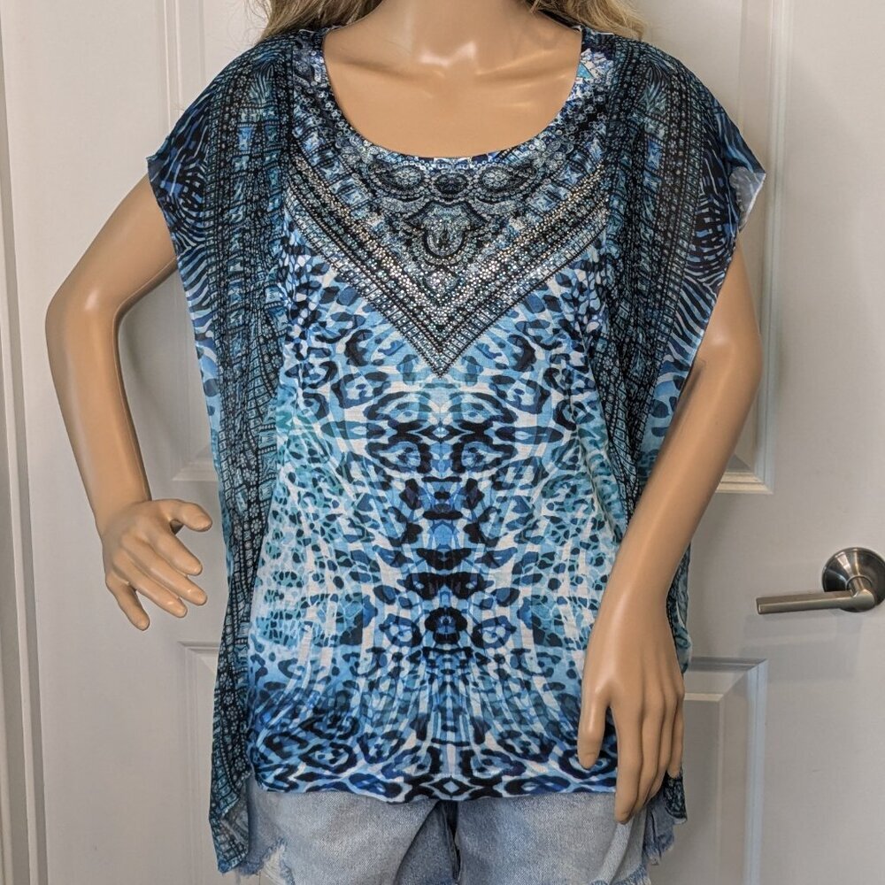 Chicos Size 2 Scarf Top Sleeveless Sheer-Sides Blouse Large Rhinestone
